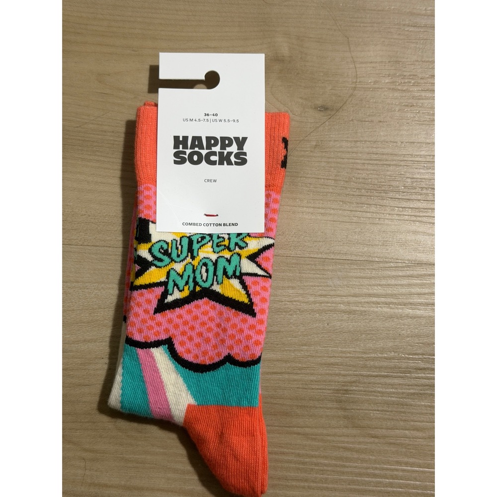 Happy Socks Super Mom Crew Socks Pink M 4.5-7.5 W 5.5-9.5 NEW Pop Art Gift